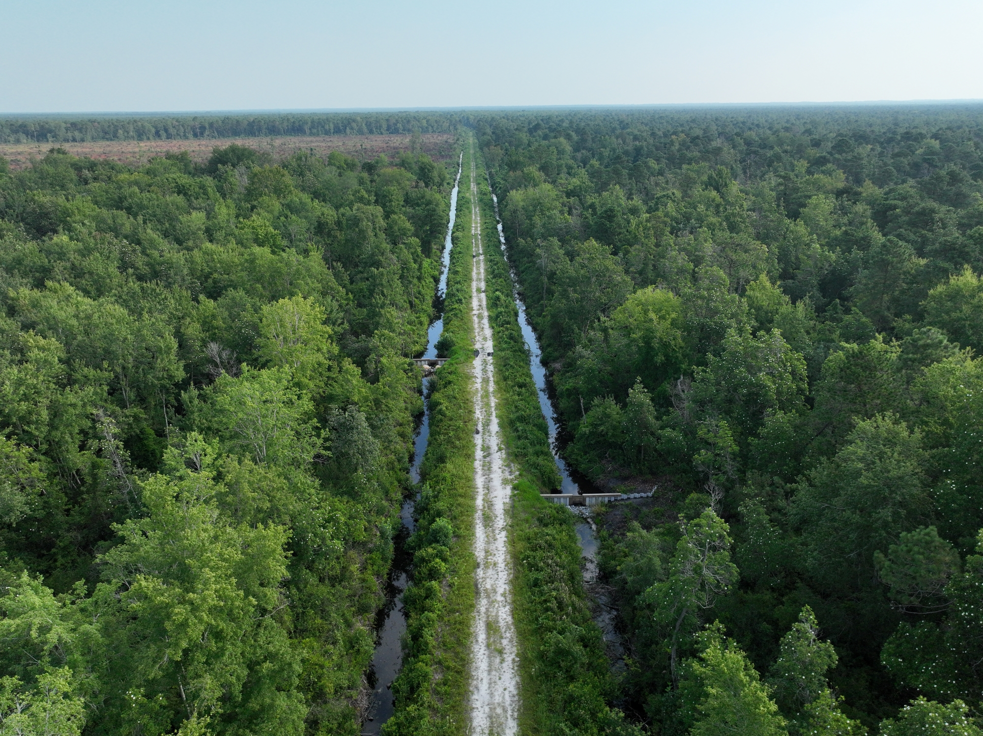 An aerial view features peatland restoration work.