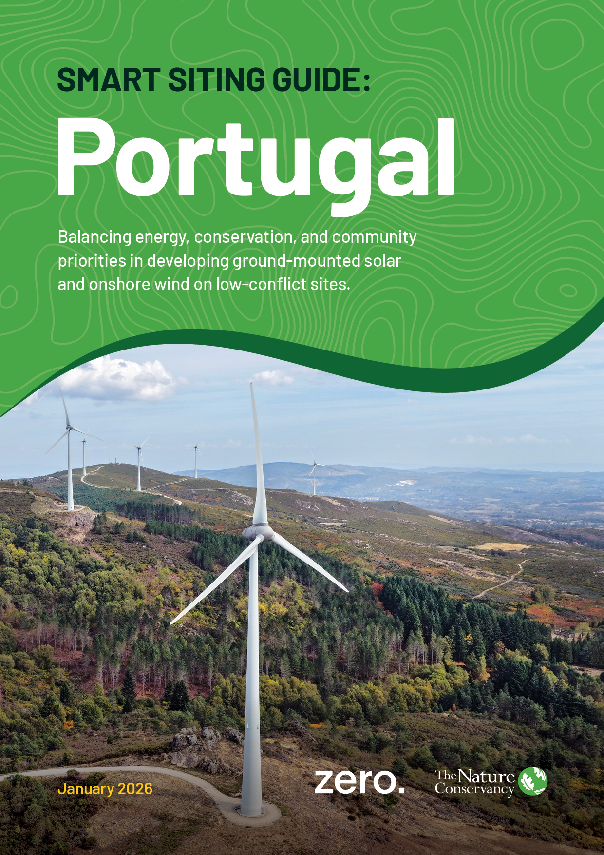 Smart Siting Guide: Portugal cover with wind turbines.