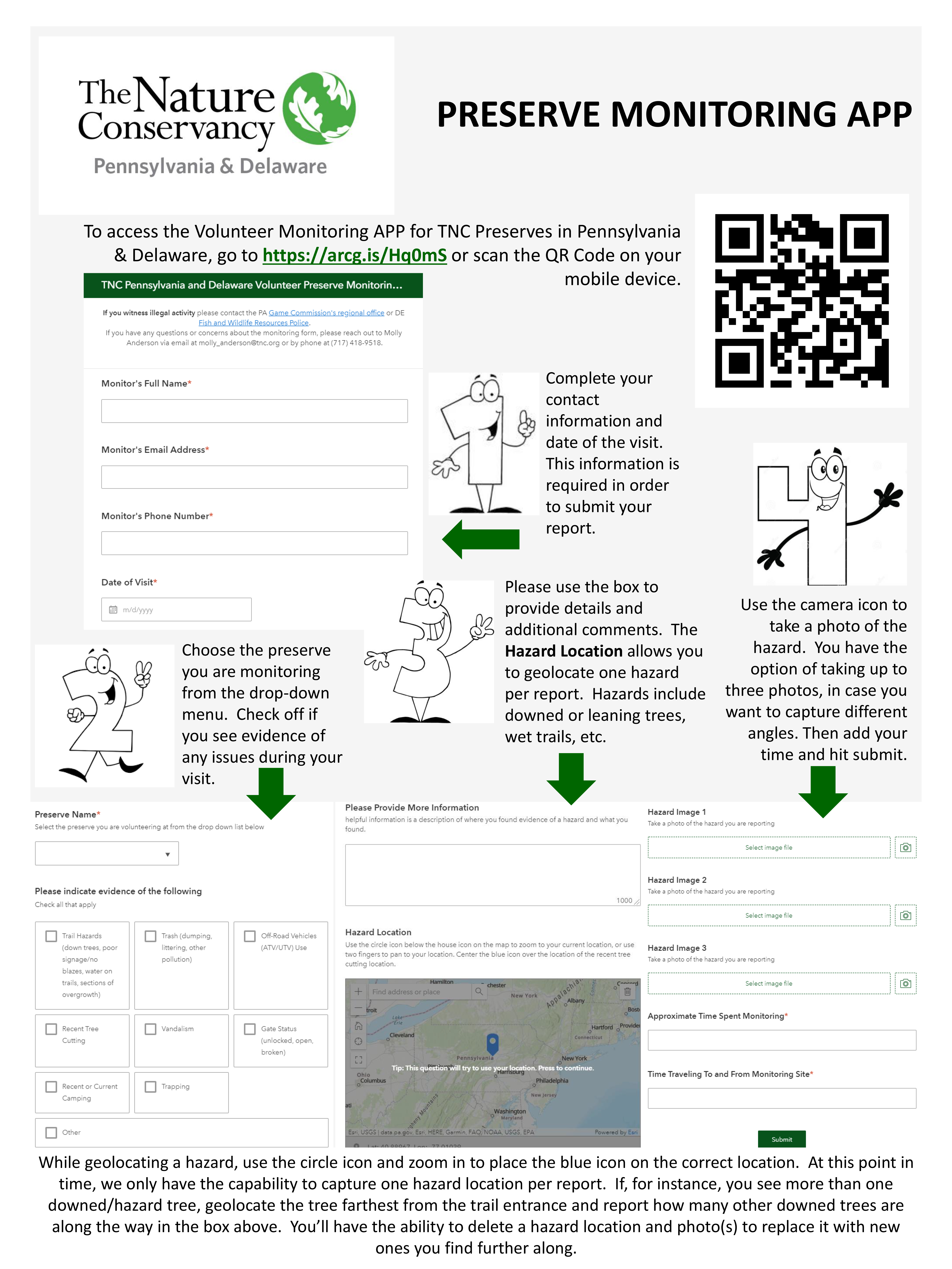 Factsheet explaining how to use the PA/DE preserve monitoring app. Instructions are shown in text and graphics. A QR code in the upper right corner allows users to download the app.