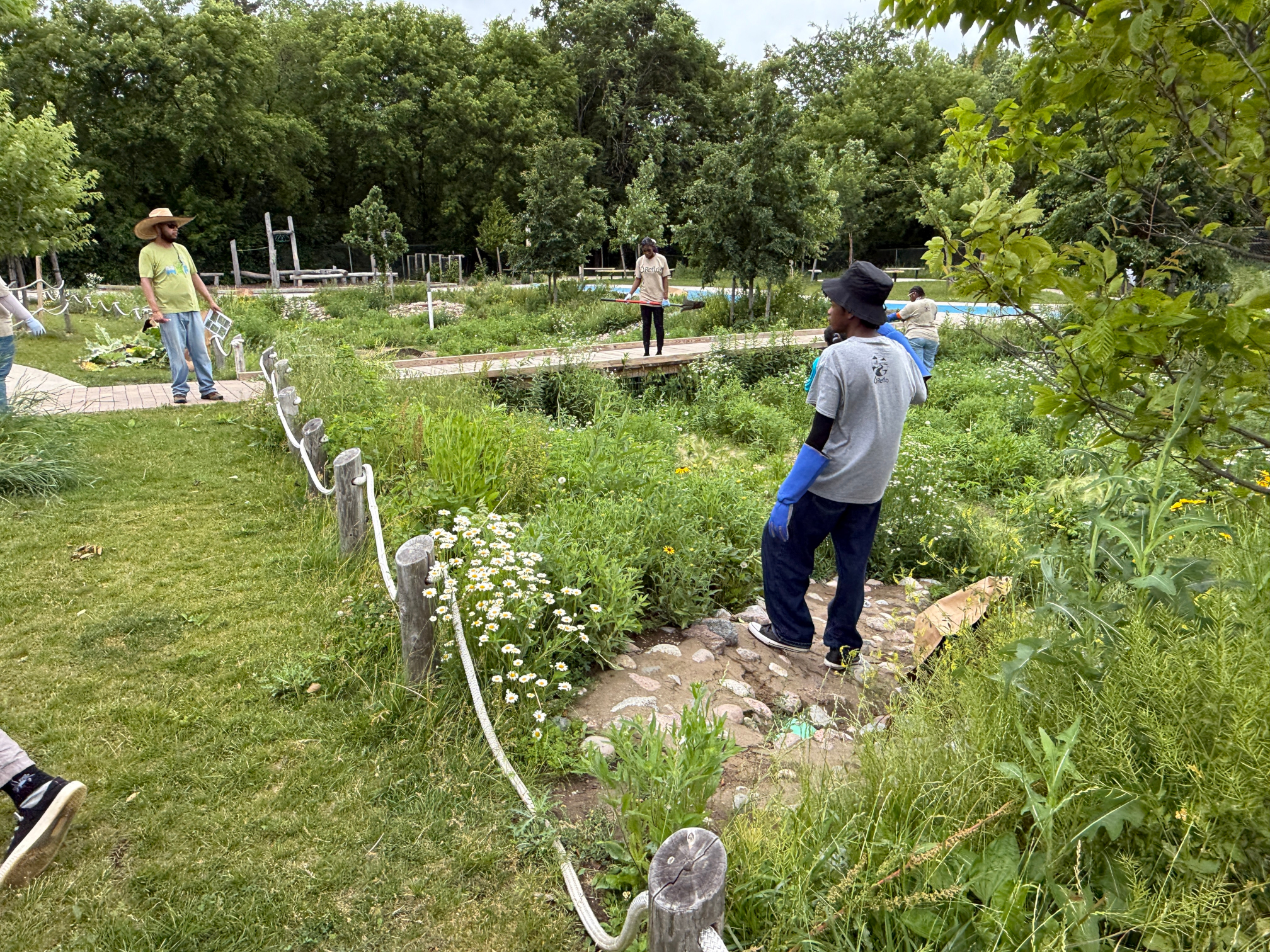A group of four people talking as they work on different parts of a green space. 