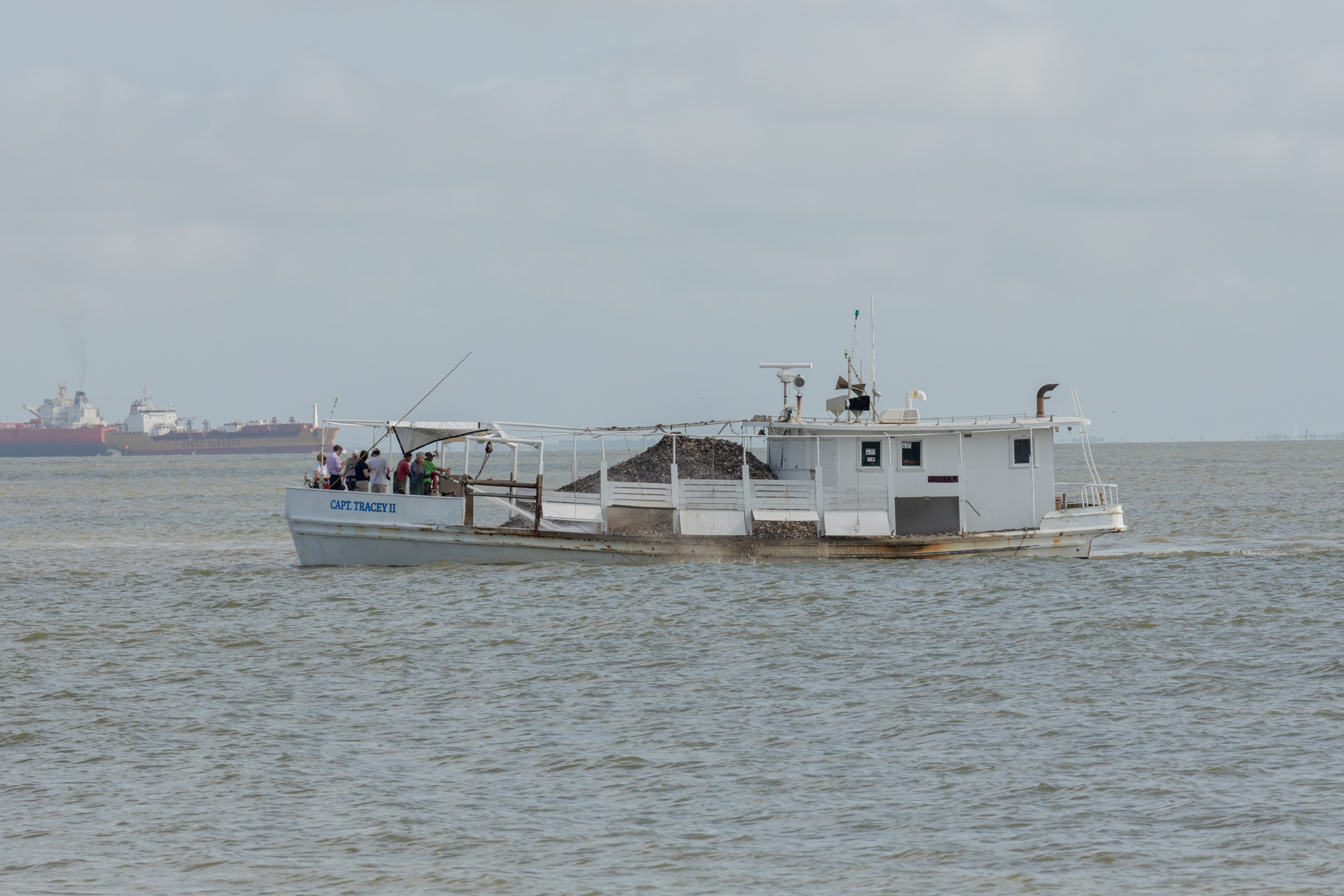 A boat filled with oyster shells cruises along in the ocean.