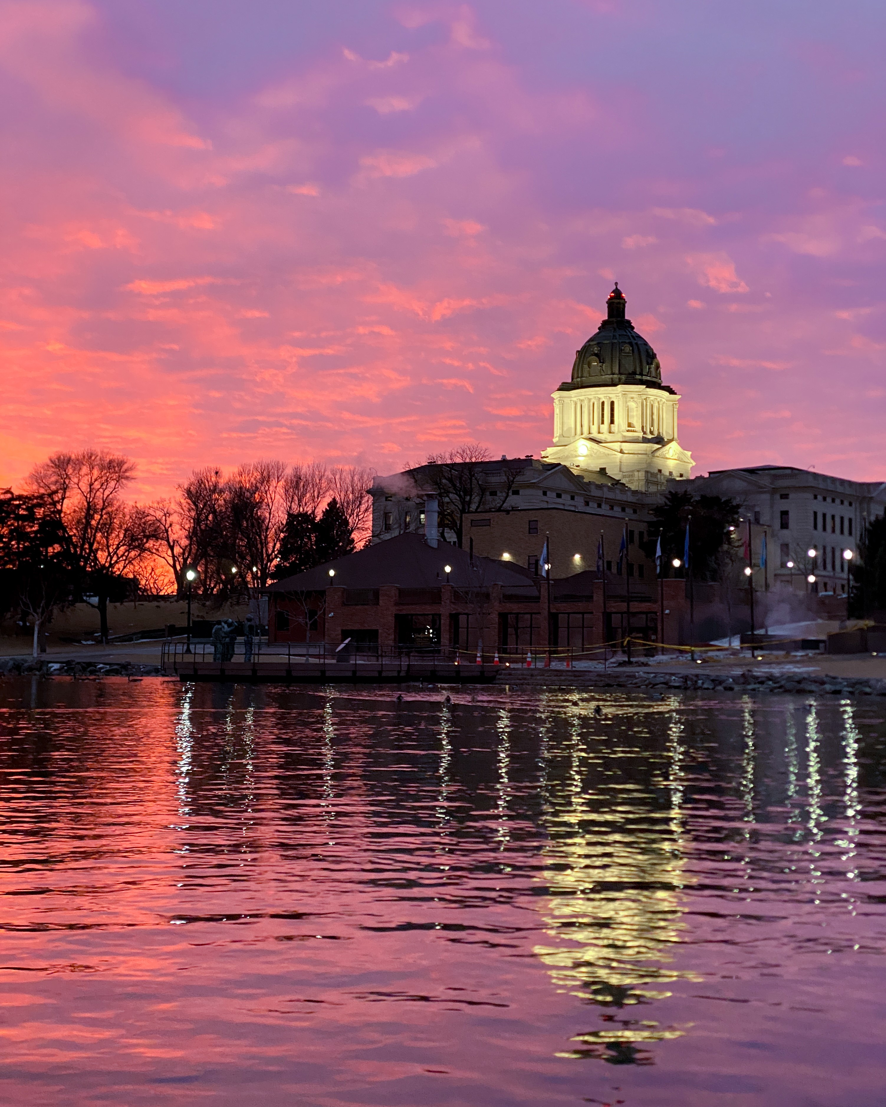 Sunset behind the South Dakota capitol building.