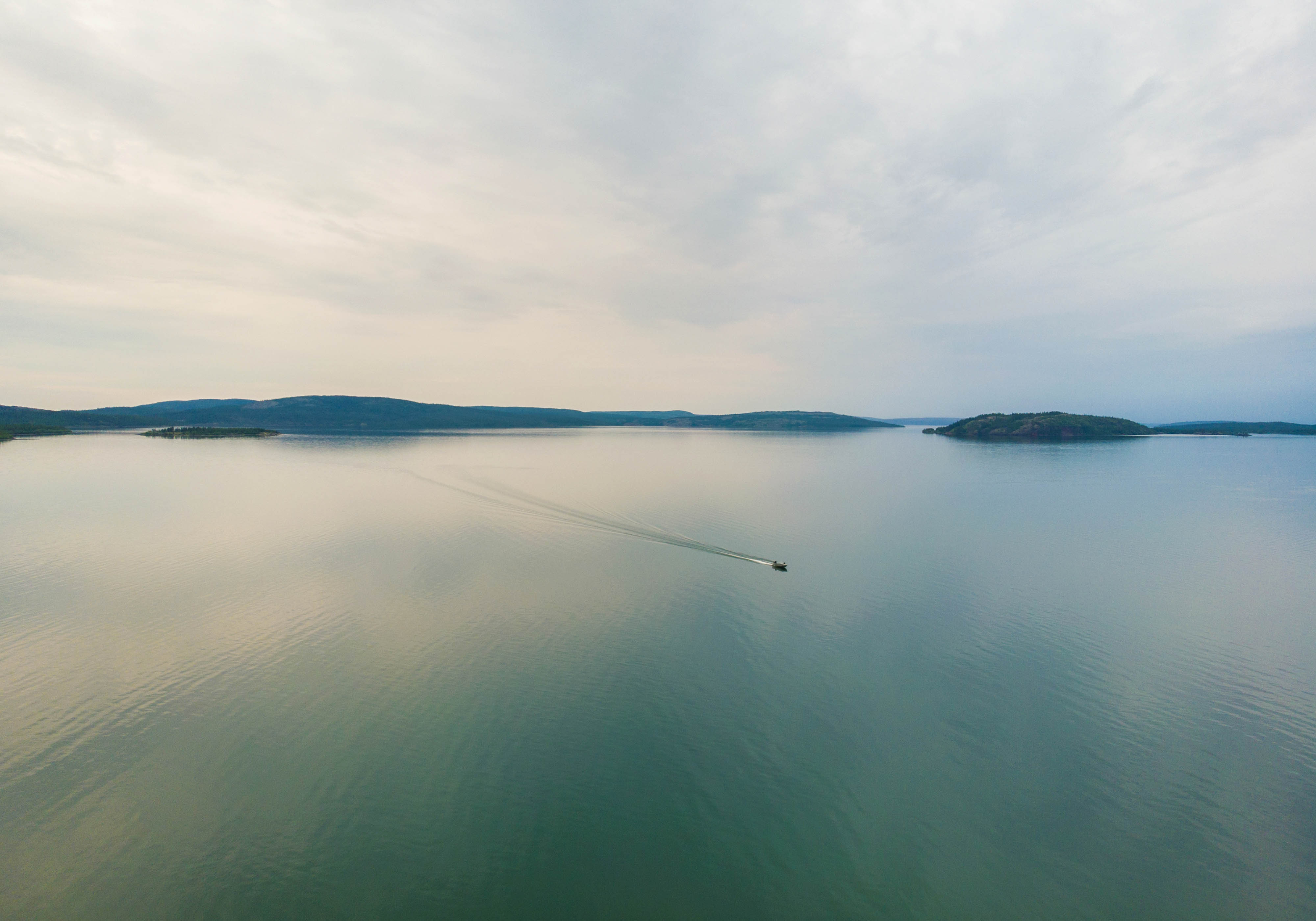 An aerial view shows boaters making their way across Ch