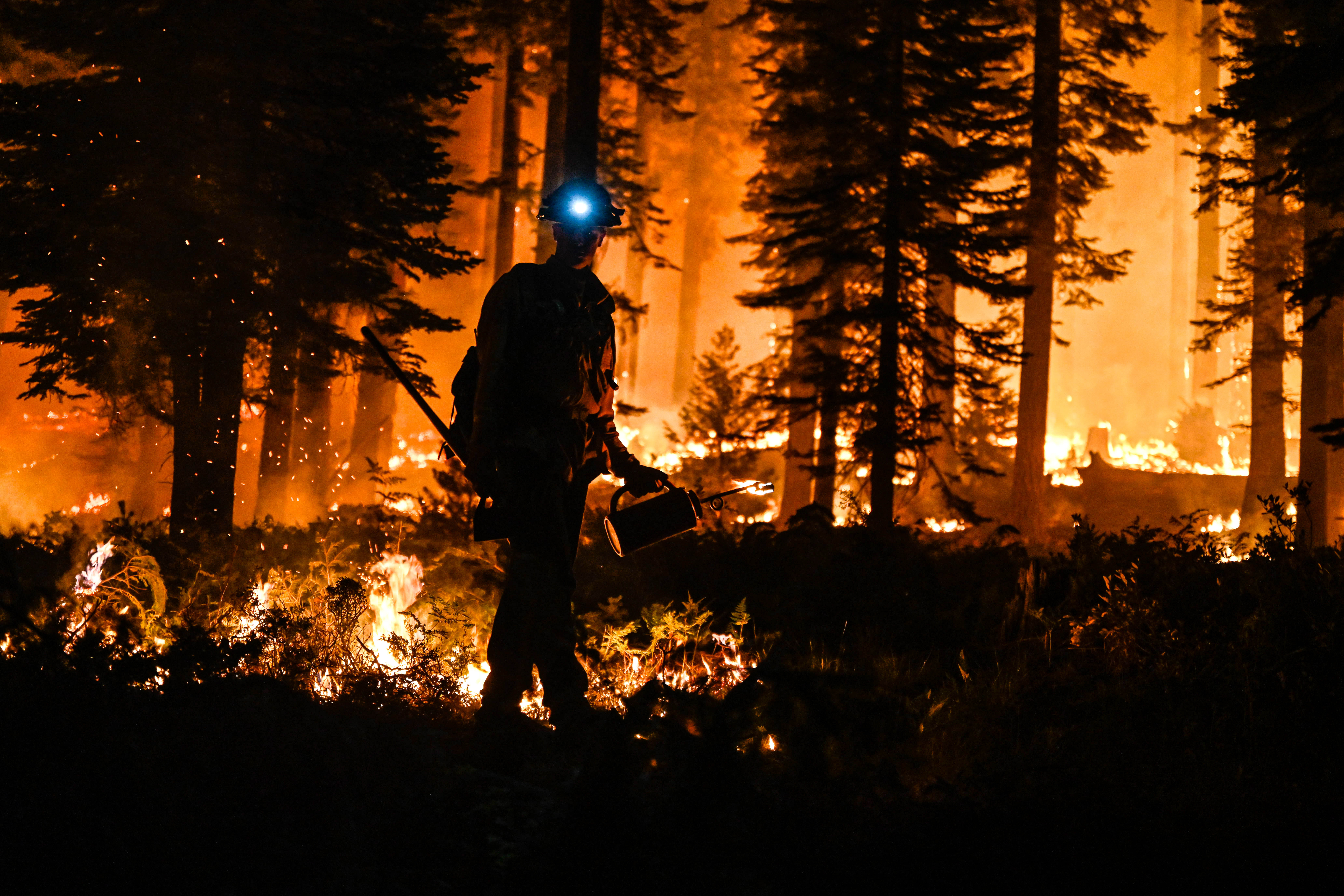 A fire crew member with fire all around.