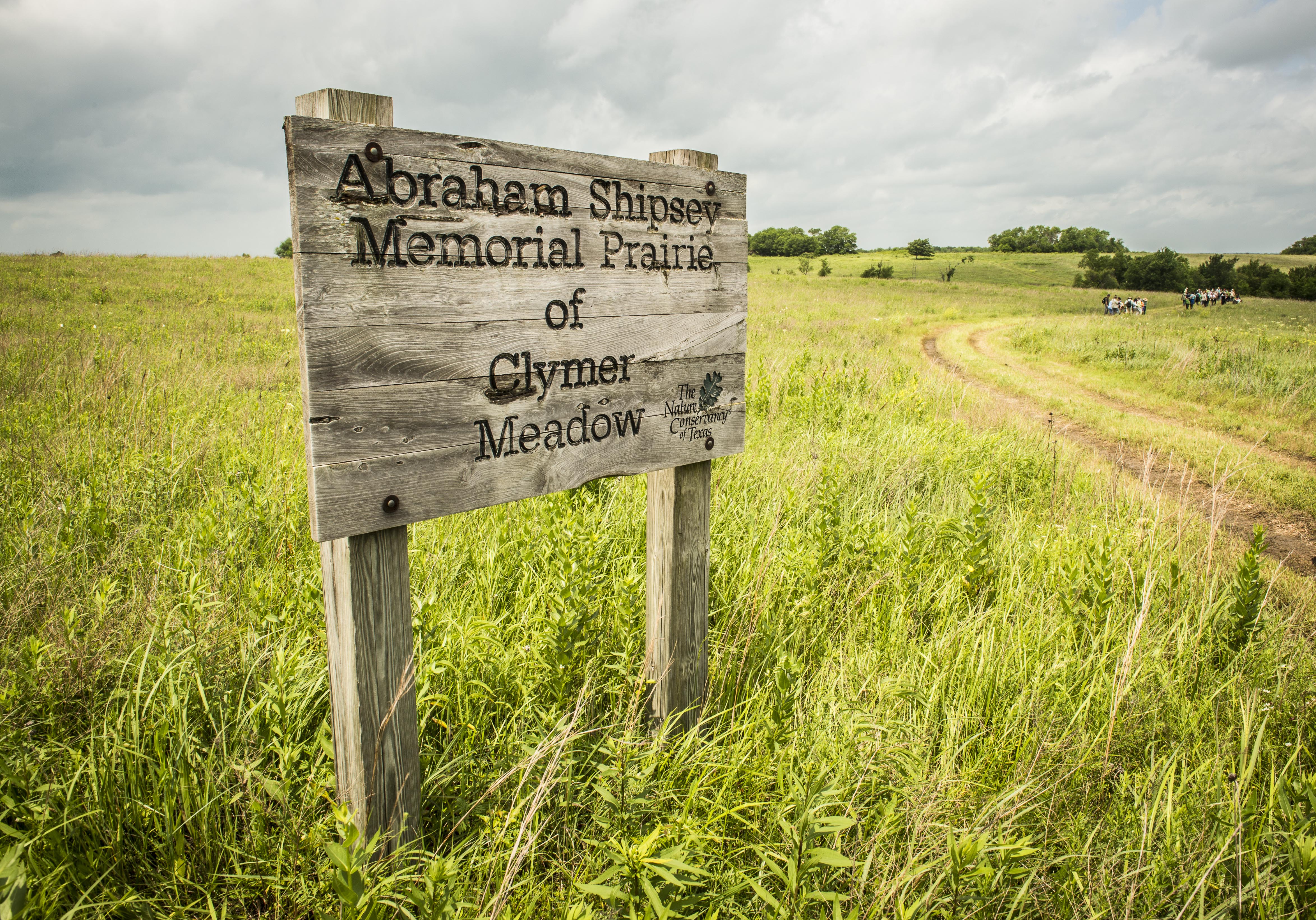 A wooden Clymer Meadow sign stands in green prairie.
