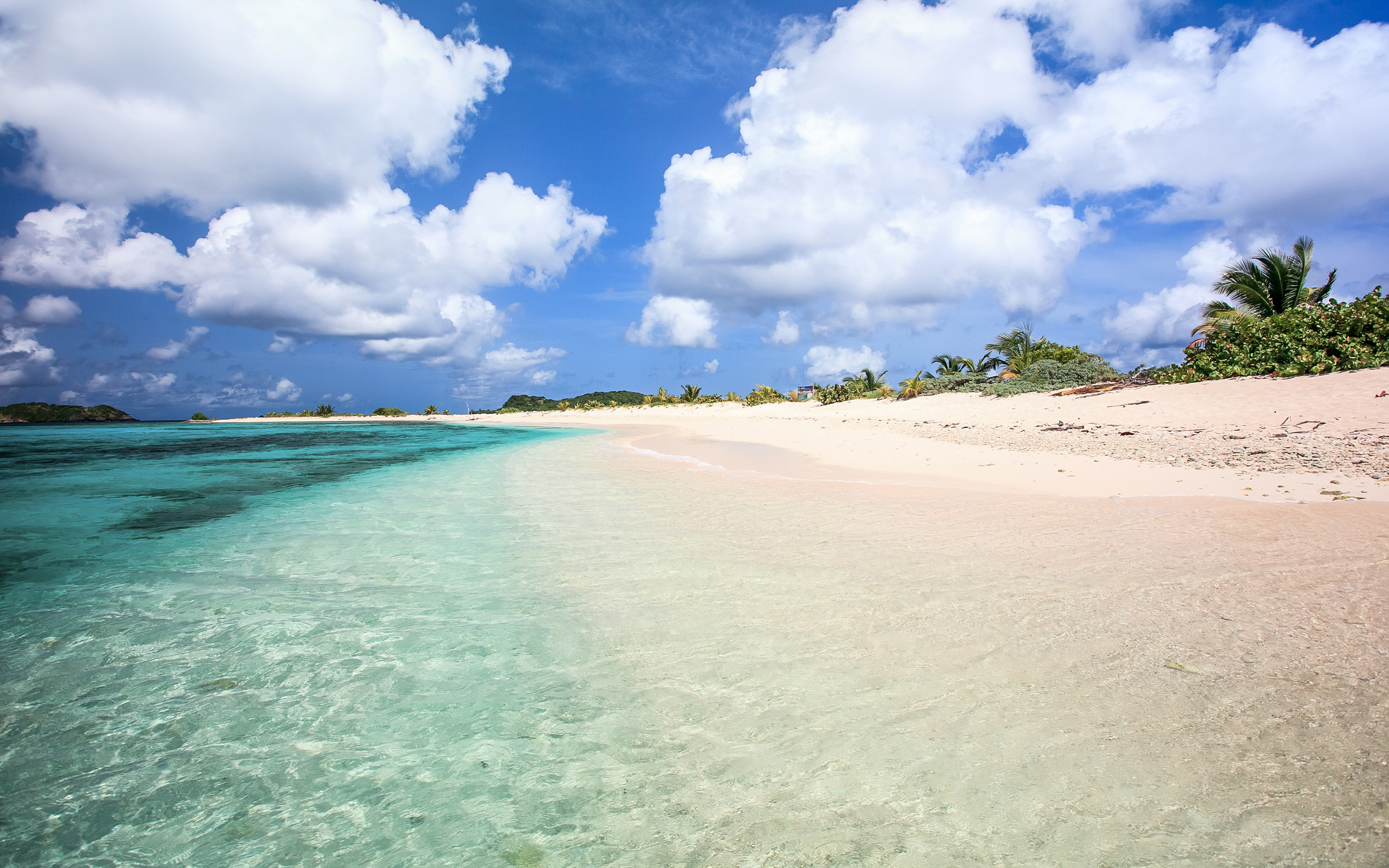 View looking down a light-sand beach at the edge of clear green tropical waters.