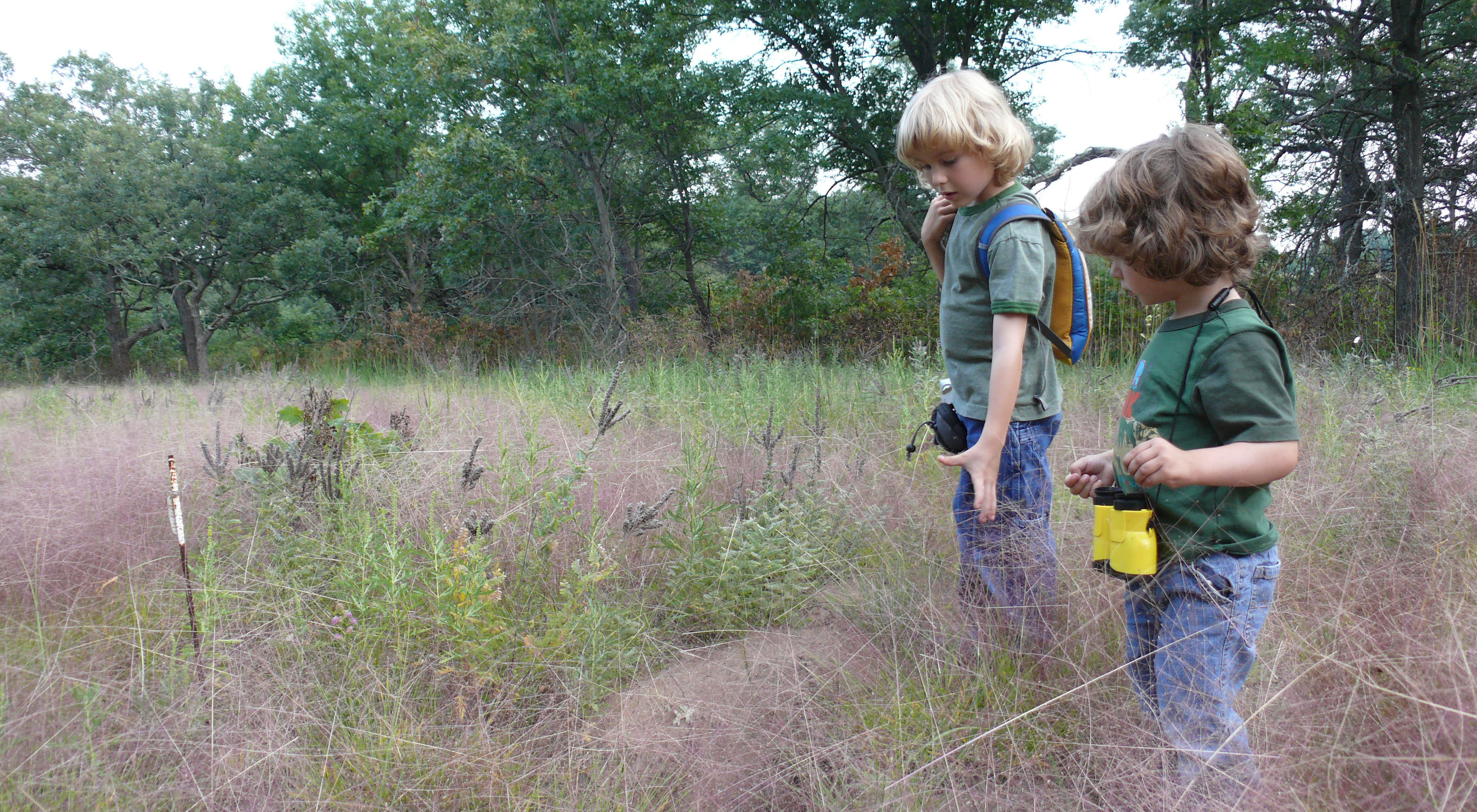 Two children stand in a prairie.