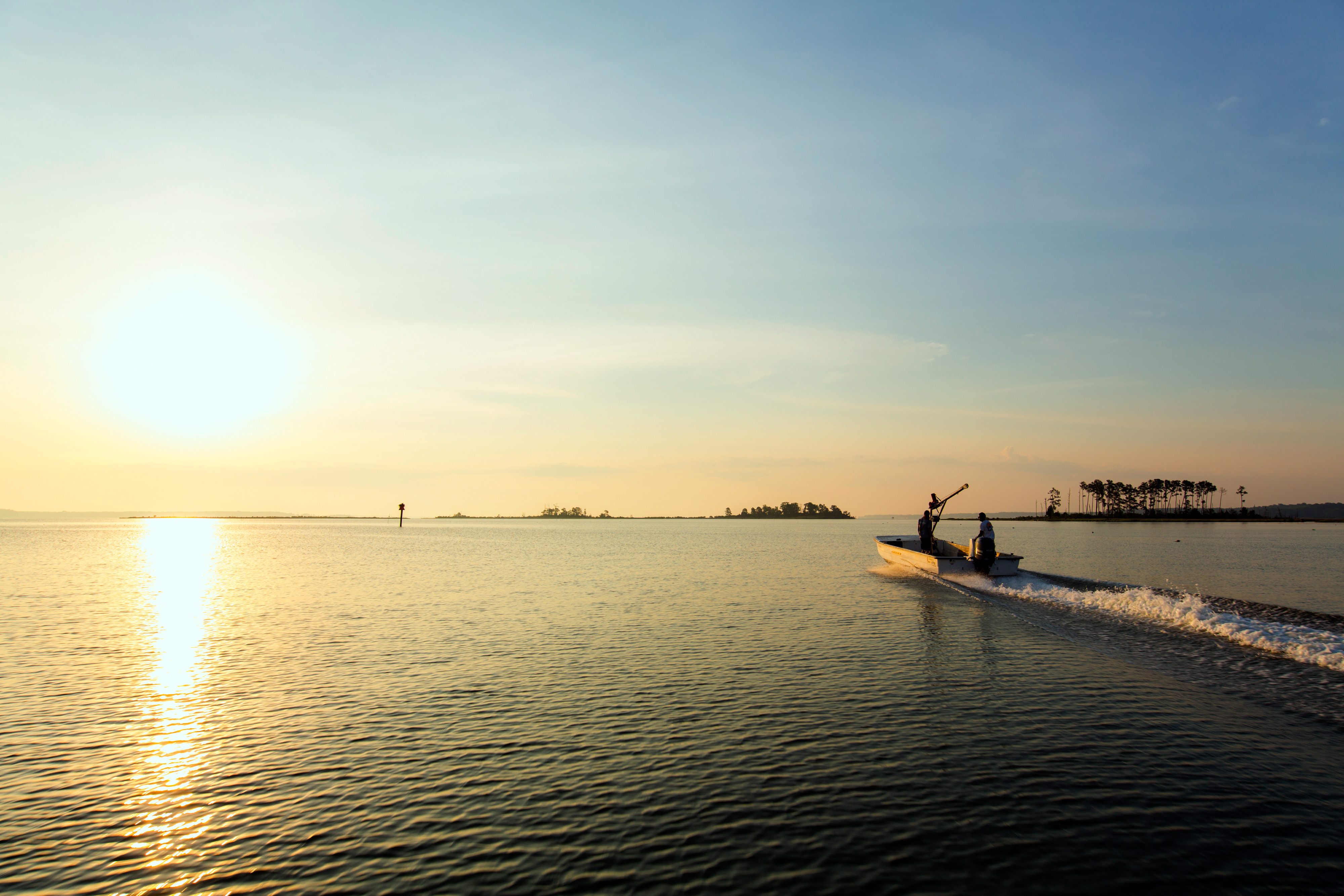 Two people ride in a flat-bottomed boat on the flat waters of the Chesapeake Bay.