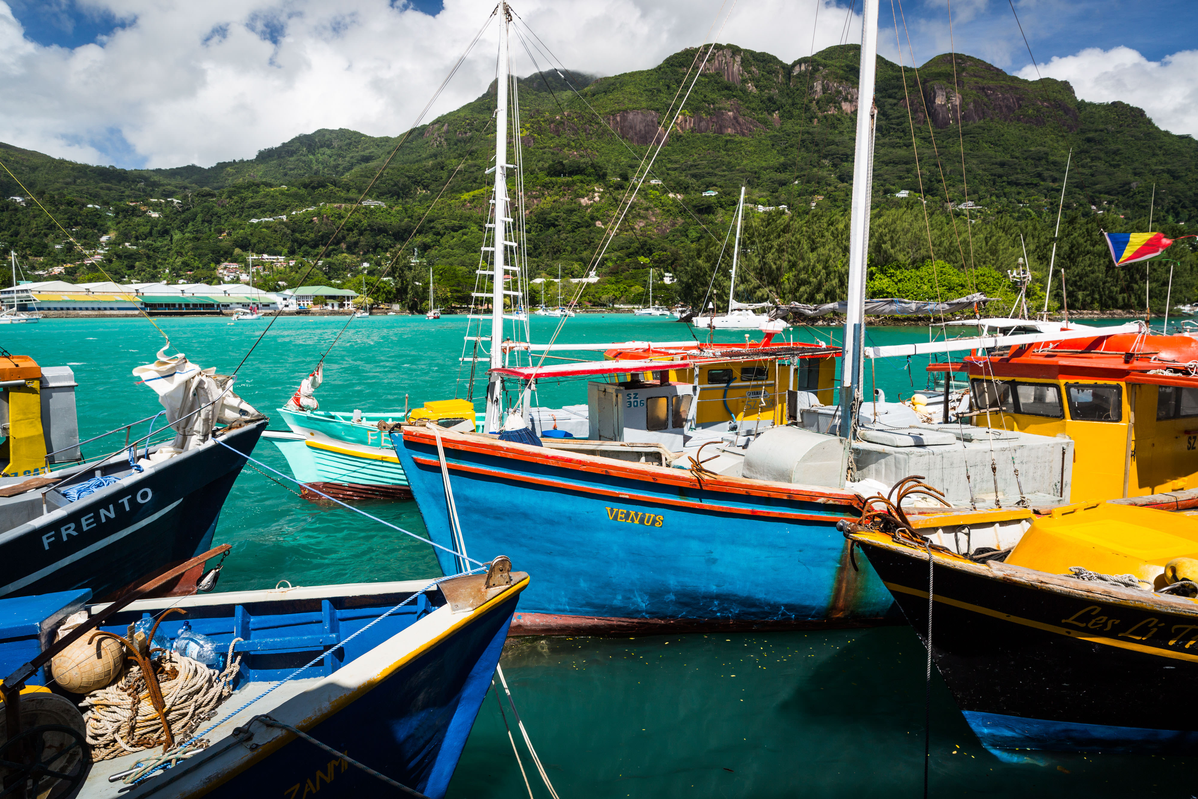 several colorful artisanal fishing boats sit in a port in Seychelles, with aquamarine water and mountains in the distance.