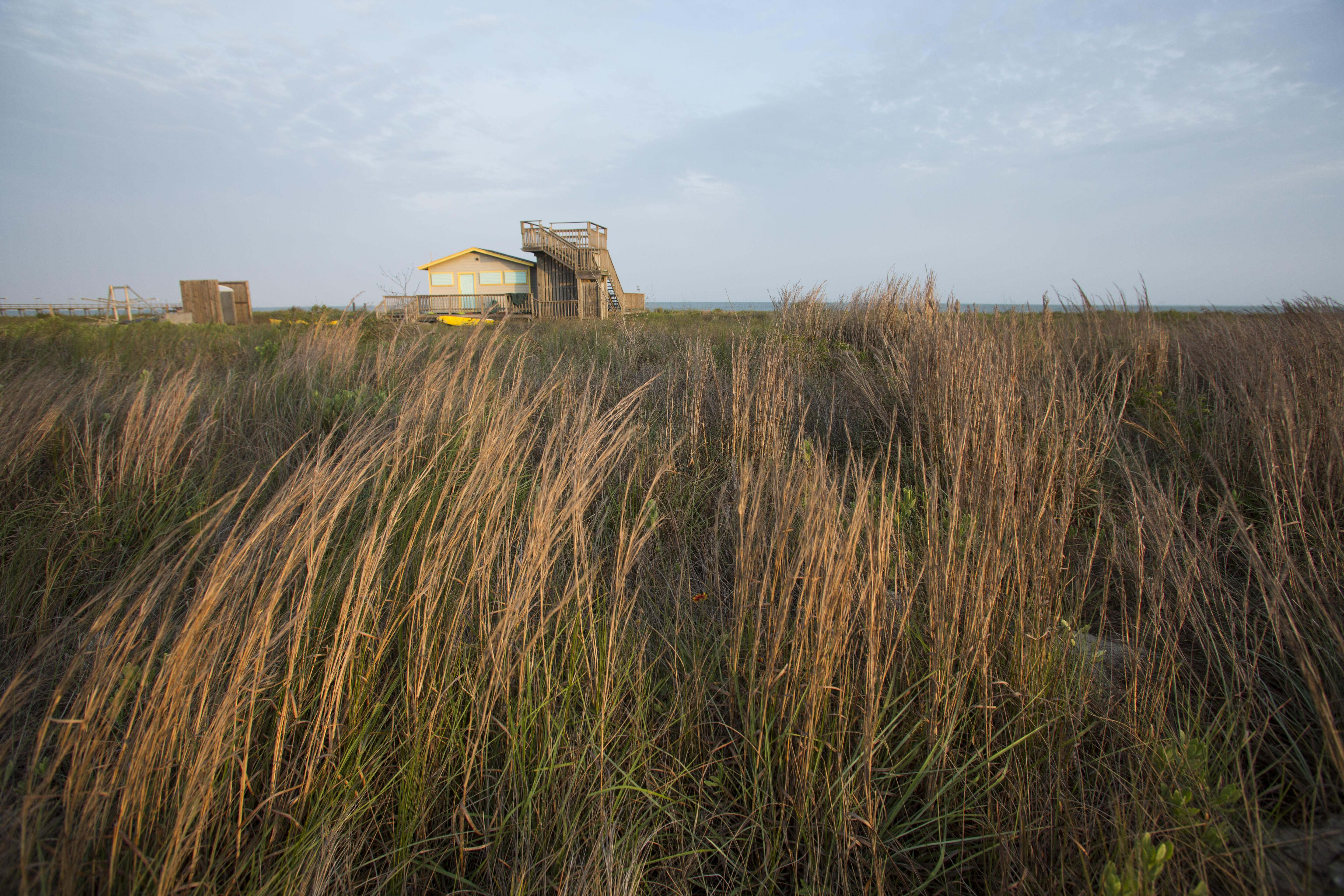 A house sits behind waving tallgrass prairie.