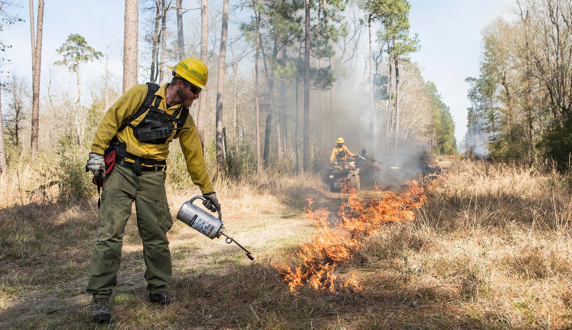A TNC Texas fire crew member ignites a prescribed burn to consume plant fuels on the forest floor using a drip torch, while two fire practitioners sit on ATV's in the background.