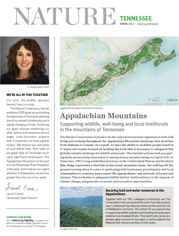 A newsletter cover features a map highlighting a mountain chain in green.