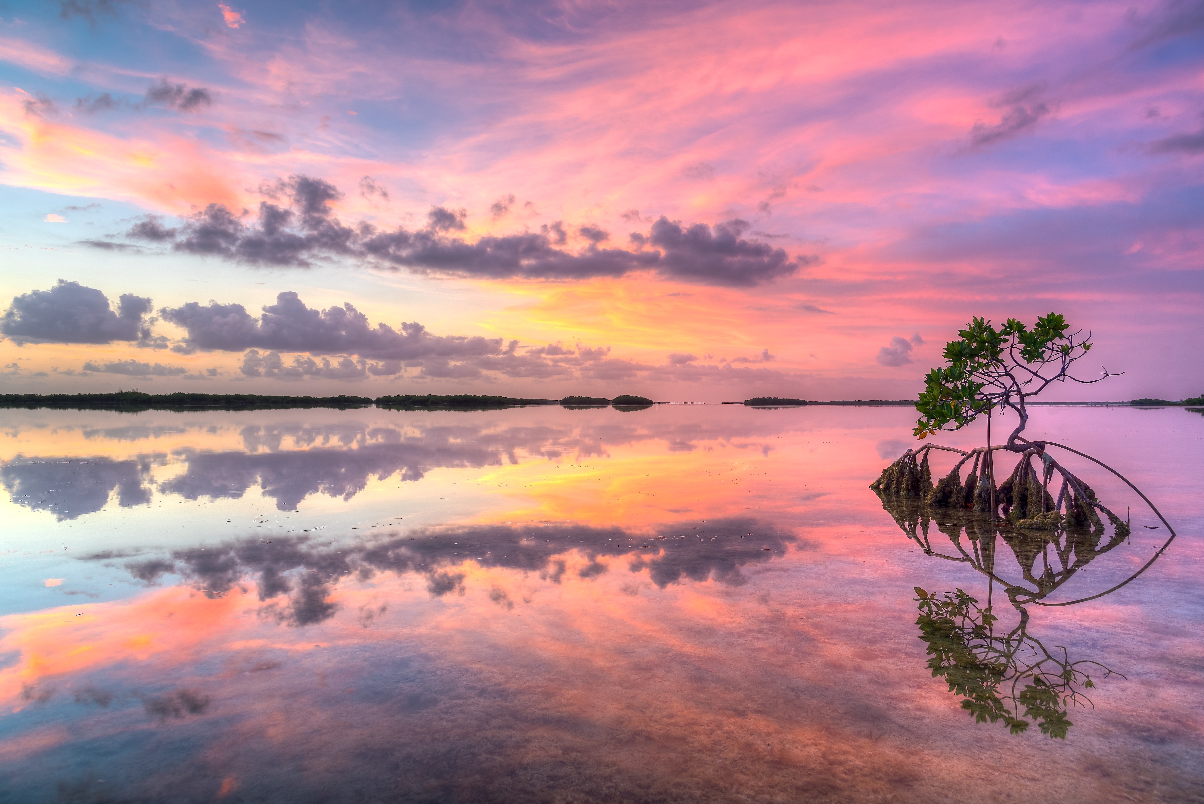 Pink skies result from a sunset over calm waters. 
