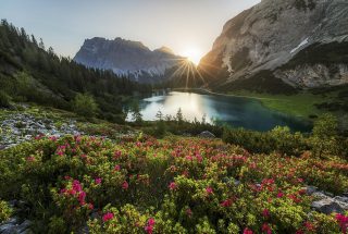Sunrise over an alpine lake