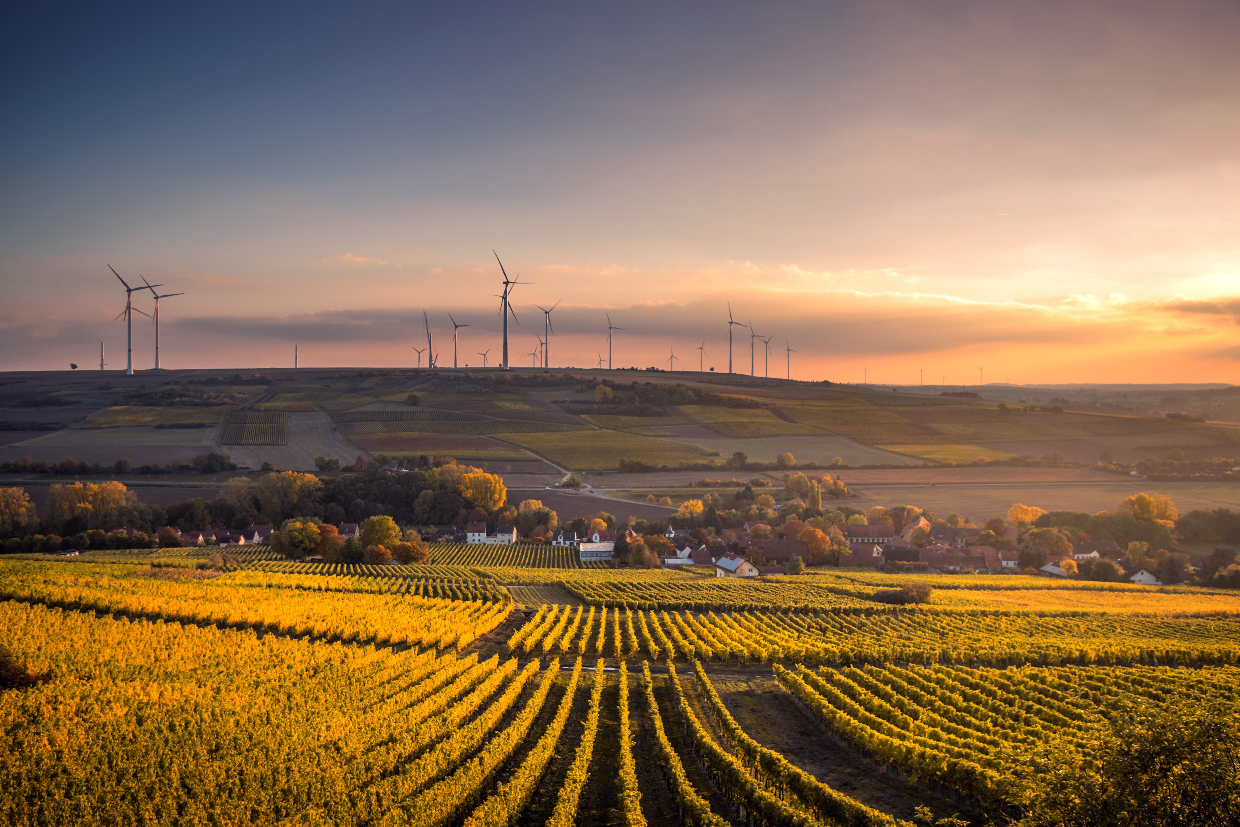 View of a agriculture field with village and wind turbines in the background