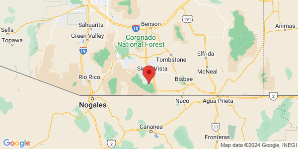 Map with marker: Unusual in the Southwest desert, Ramsey Canyon offers a moist, cool environment. 