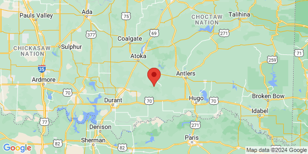 Map with marker: Located near Atoka county, Oklahoma