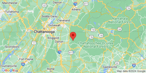 Map with marker: Less than two hours from Atlanta and one hour from Chattanooga, Tennessee.