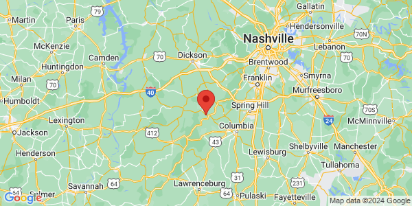 Map with marker: The Duck River winds through Middle Tennessee, which includes Nashville.