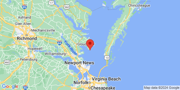 Map with marker: On the western shore of the Chesapeake Bay, at the southern tip of Mathews County.
