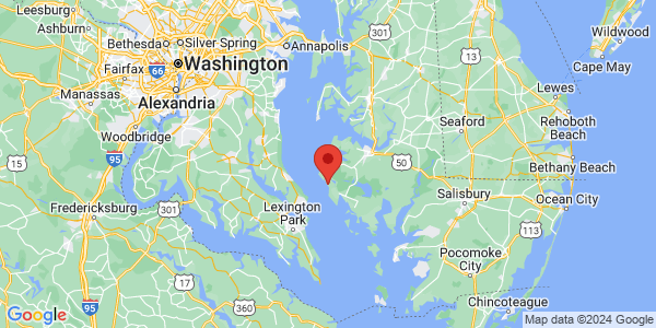 Map with marker: Taylors Island, Just over 2 hours east of Washington, DC 