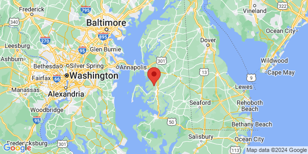Map with marker: Maryland's Eastern Shore, 2 hours east of Washington, D.C.