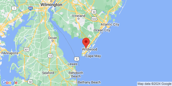 Map with marker: Cape May Peninsula, NJ
