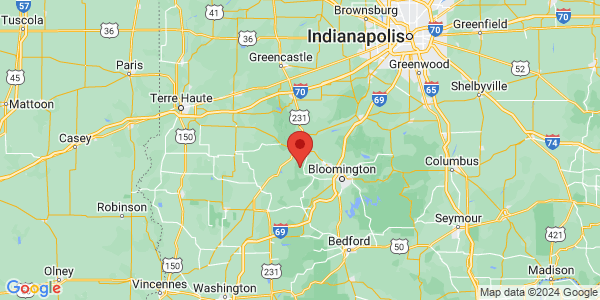Map with marker: Green's Bluff is located in Owen County, Indiana.