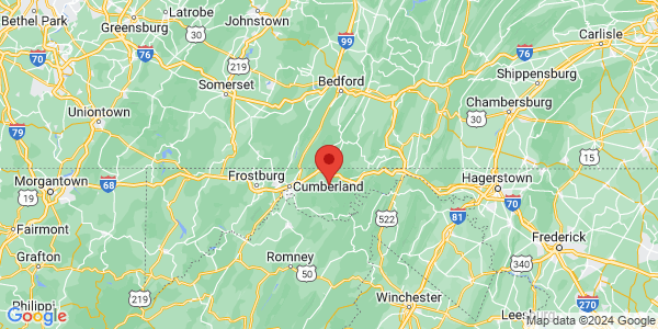 Map with marker: Two hours from Baltimore and Washington, D.C., near Flintstone