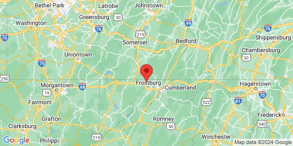 Map with marker: Finzel is a three-and-half hour drive from Baltimore and Washington, D.C., past Cumberland.