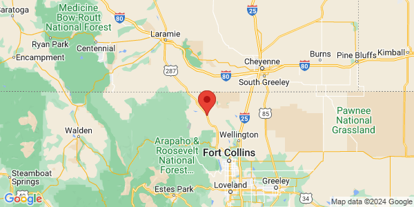 Map with marker: The Laramie Foothills of North-Central Colorado make up one of the iconic landcapes of the Front Range.