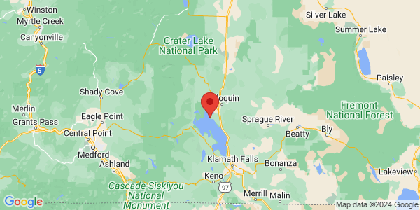 Map with marker: Southern Oregon's Klamath Basin, northwest of Klamath Falls