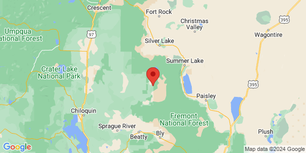 Map with marker: Mile-high meadow east of Crater Lake