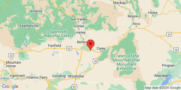 Map with marker:  Located 33 miles from Sun Valley.
