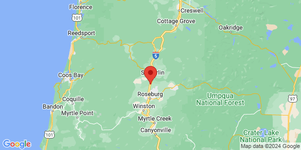 Map with marker: North of Roseburg, in Southwest Oregon