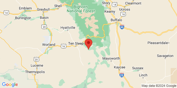 Map with marker: Visit us on the Southern edge of the Bighorn National Forest.