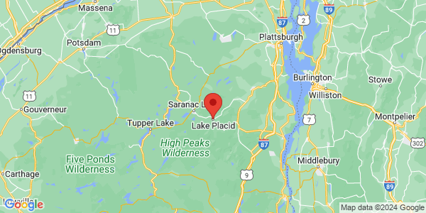 Map with marker: The High Peaks Wilderness Area is home to 36 of the 46 “High Peaks” of the Adirondacks.