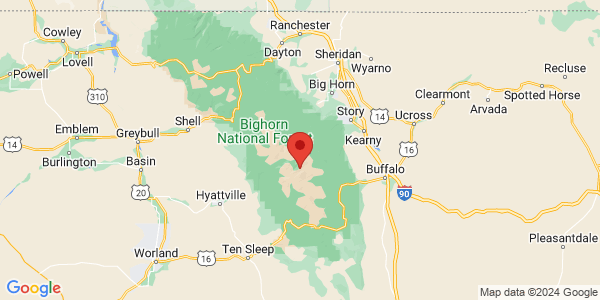 Map with marker: Map with location of Bighorn Mountains