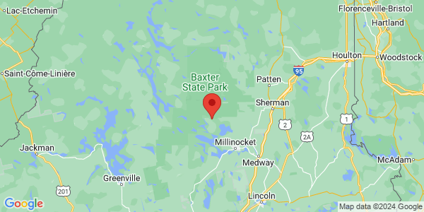 Map with marker: Located on the road to Baxter State Park's South entrance.