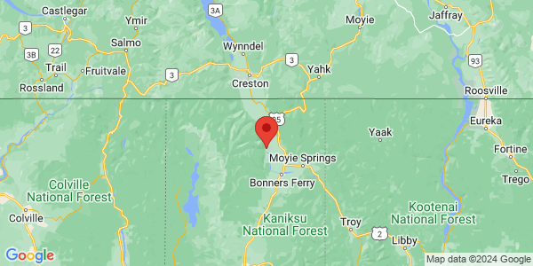 Map with marker: Located 12 miles north of Bonners Ferry
