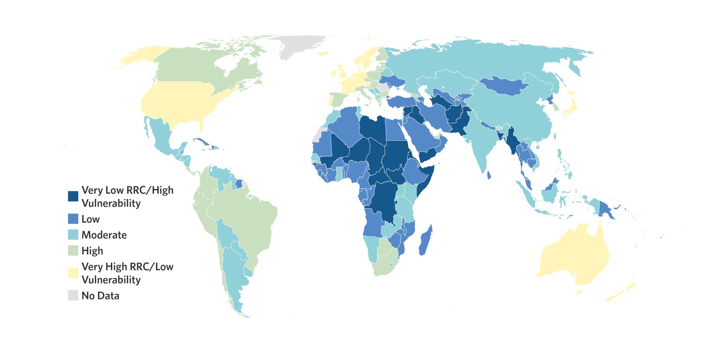 The ability of Indigenous Peoples to govern and steward their lands amid development pressures depends on factors such as whether they have secure rights to their territories and resources (Rights), whether they're adequately represented in decision-making processes (Representation), and whether they have sufficient capital to support conservation and sustainable development (Capital). These factors are reflected in the Rights-Representation-Capital (RRC) Index. Where RRC Index scores are low (in blue), vulnerability to industrial development is high. (Data sources: Kennedy and Fariss et al., Natural Earth)