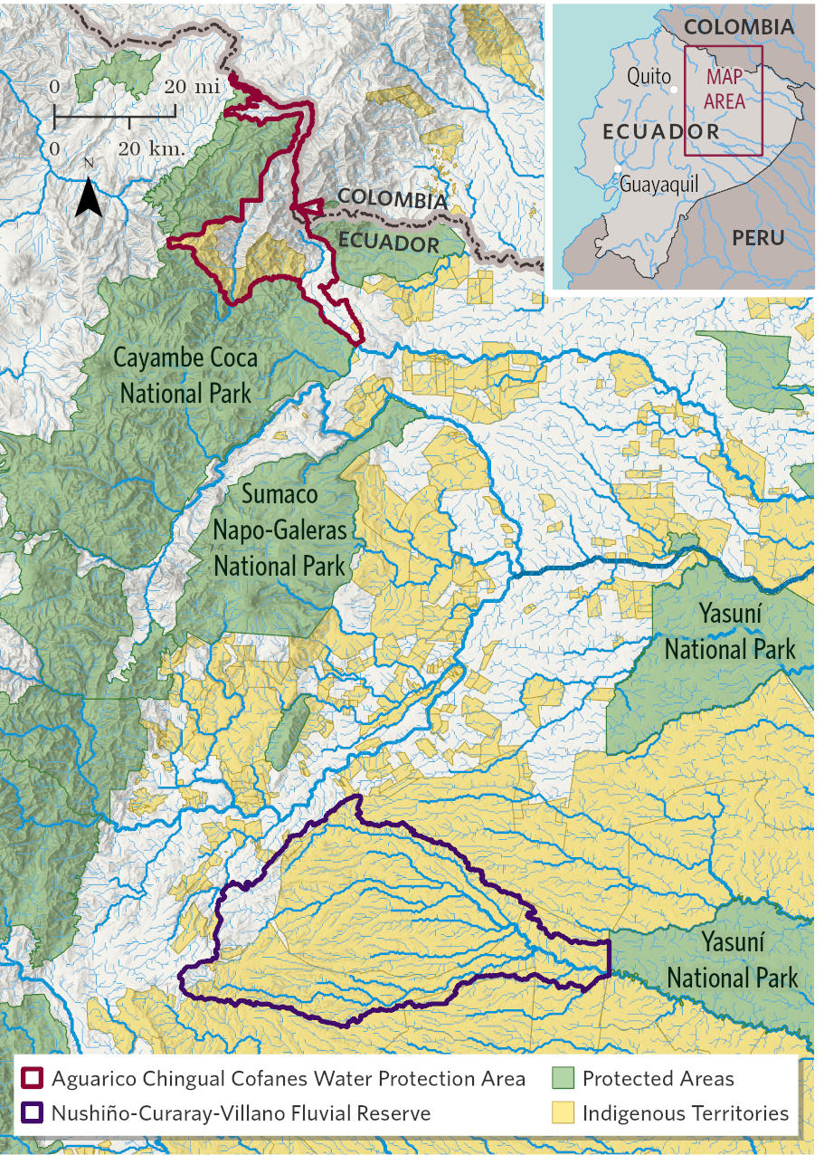 The Aguarico Chingual Cofanes Water Protection Area and Nushiño-Curaray-Villano Fluvial Reserve in Ecuador. Data sources: TNC, GloRiC, RAISG, GADM, Natural Earth, Esri.