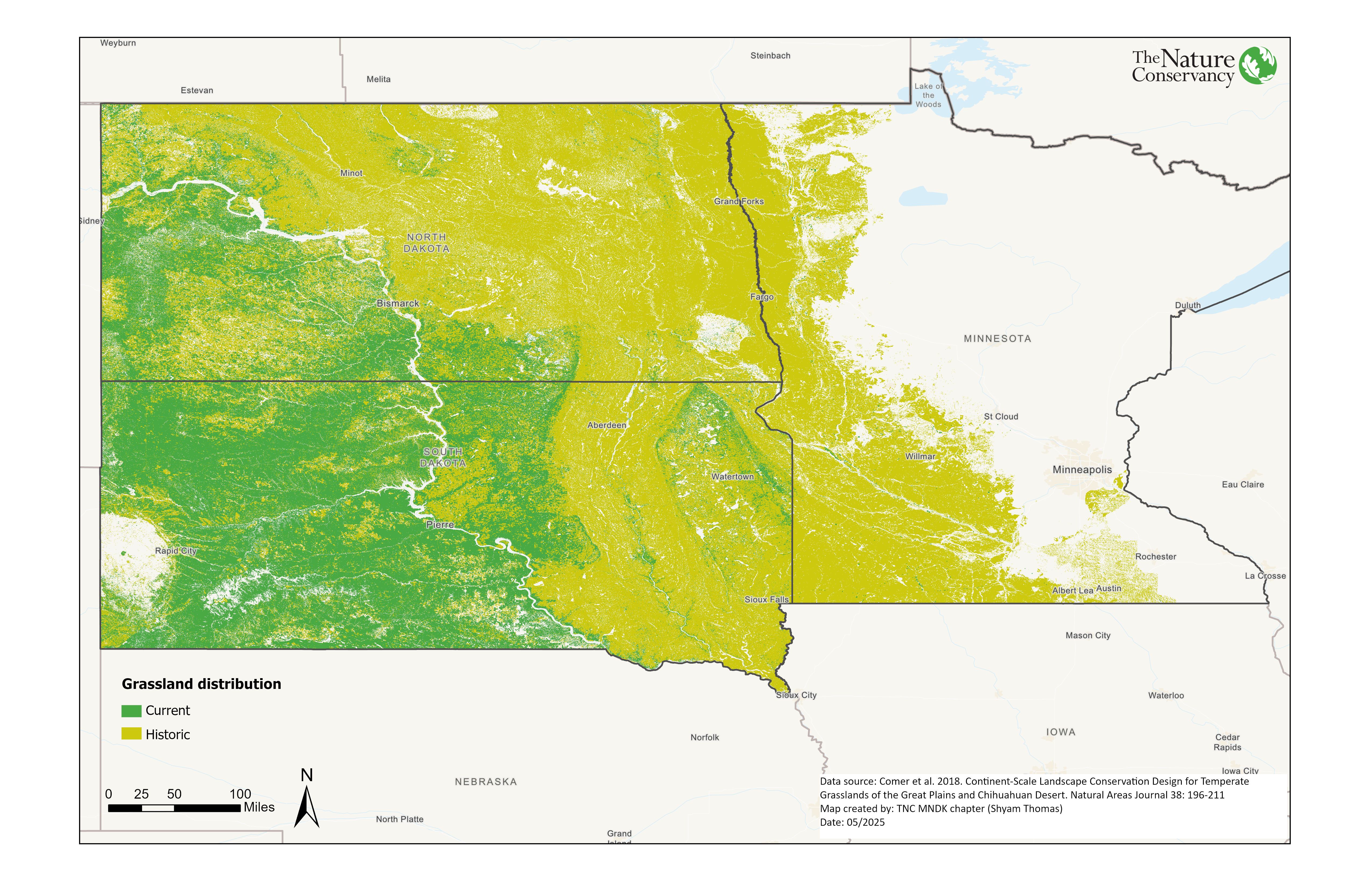 Map of current and historic grassland extent in Minnesota, North Dakota and South Dakota.
